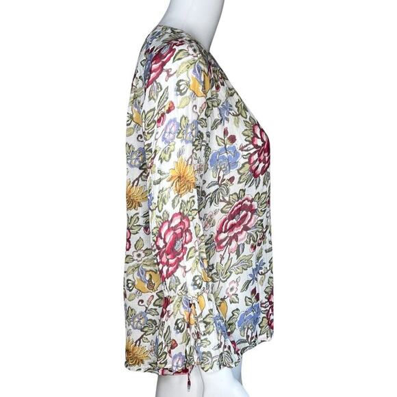Loft Blouse Womens Small Petite White Multi Floral Cottagecore Boho Bohemain - Picture 2 of 8